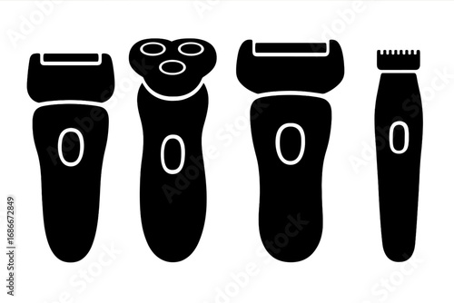 Silhouette icons of electric razors, shavers, and trimmers in modern designs, vector cartoon illustration with transparent background, grooming tools set for men and personal care