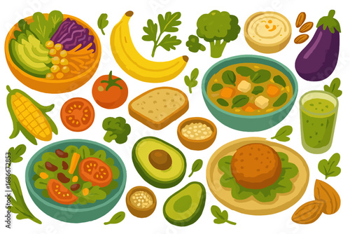 Plant based diet food collection. Set of healthy vegan meals and ingredients. Organic vegetables, fruits and dishes like salad, soup, smoothie. Vector cartoon illustration.