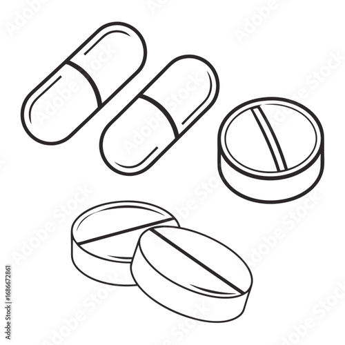 Assorted medical pills and capsules icon. A simple line art vector illustration