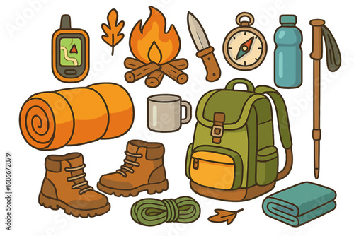 Camping gear and hiking equipment set for outdoor adventure. Survival tools collection with backpack, campfire, compass, boots. Vector cartoon icons for travel and tourism.