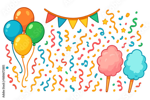 Set of party decoration elements. Colorful balloons, confetti, streamer, cotton candy, garland. Cartoon vector illustration for a festive celebration, carnival, or birthday party.