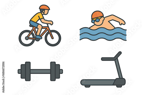 Fitness and leisure icons set with biking, swimming, and gym equipment. Vector flat design. Concept for sport, workout, healthy lifestyle, cardio, exercise, and triathlon.