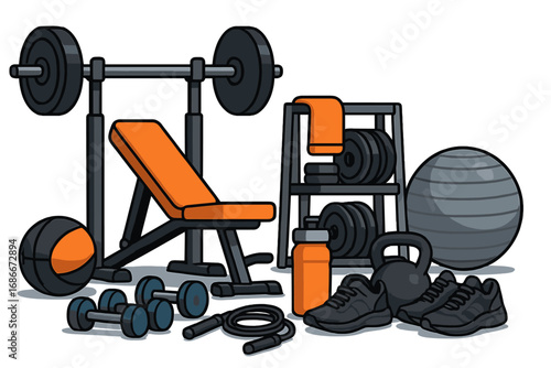Fitness equipment for gym workout. Bodybuilding, weightlifting sport items set. Barbell, bench press, dumbbell, kettlebell, stability ball. Strength training vector concept.