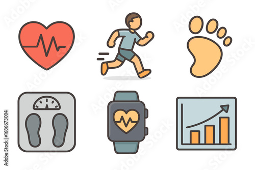 Fitness icons set. Heartbeat, running, steps, weight, smartwatch, progress chart. Healthy lifestyle concept. Health monitoring. Activity tracking. Cardio exercise symbol collection.