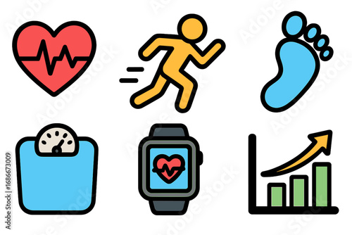 Fitness icons set for health tracker app. Heartbeat monitoring, running man, step counter, weight scale, smartwatch pulse, progress chart. Cardio exercise activity vector symbols.