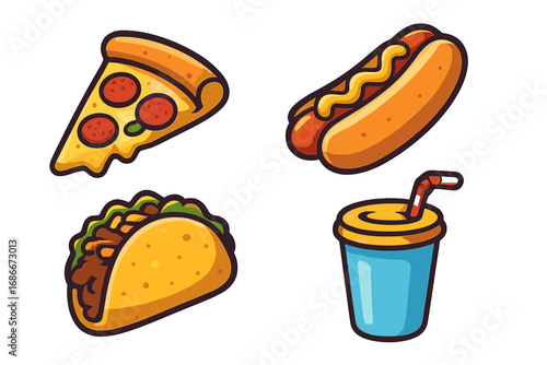 Fast food vector icon set with pizza, hot dog, taco, and soda drink. Colorful cartoon illustration collection for menu, sticker, or junk food concept. Simple flat design meal.