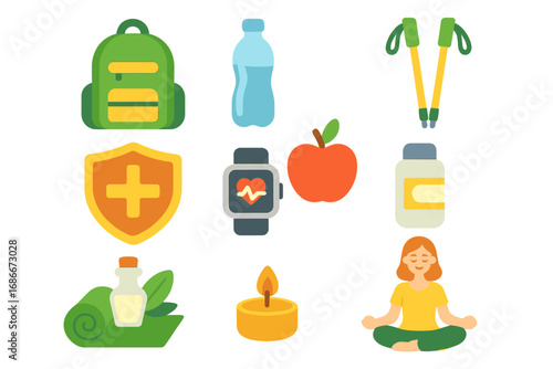 Health and wellness icon set for outdoor activity and home relaxation. Vector cartoon illustration of hiking, yoga, meditation, fitness, healthy food and aromatherapy essentials.