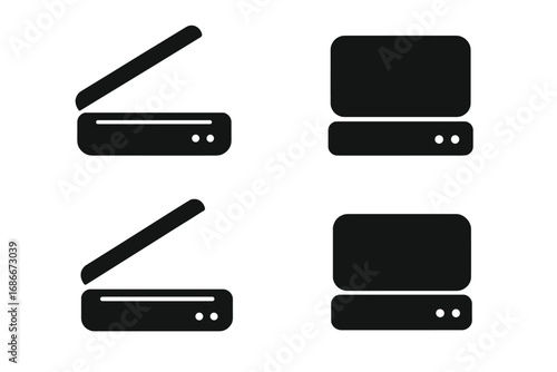 Silhouette icons of scanners with open and closed lids in minimalist style, vector cartoon illustration set, transparent background, office equipment symbols, tech devices