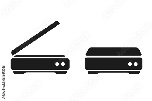 Silhouette vector icons of flatbed scanners with open and closed lids in minimalist design, modern technology illustration set with transparent background, high-quality digital device graphics