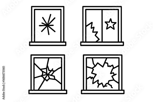 Broken window line icon set. Vector outline symbols of cracked and shattered glass. Concept of damage, vandalism, or accident. Simple signs for graphic and web design elements.