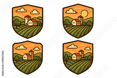 Tuscan vineyard farm landscape emblem set. Rural Italy countryside scene with villa and fields. Agriculture logo badge collection for wine or organic farm products. Vector illustration.