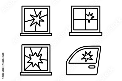 Broken window line icon set. Shattered glass vector symbols for house and car. Vandalism, crime, and accident concept. Outline graphic elements for web, apps, and design.