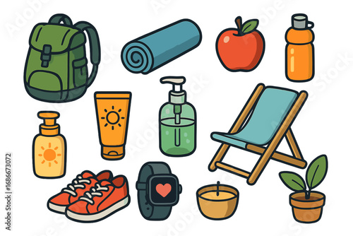 Healthy lifestyle & self-care icon set for outdoor activity, fitness, home relaxation. Vector essentials: backpack, yoga mat, sneakers, smartwatch, sunscreen, apple, water bottle.