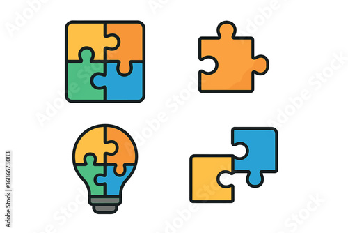 Puzzle icon set. Jigsaw pieces connecting as a metaphor for teamwork, collaboration, partnership. Lightbulb puzzle for creative idea, innovation, solution. Business strategy.