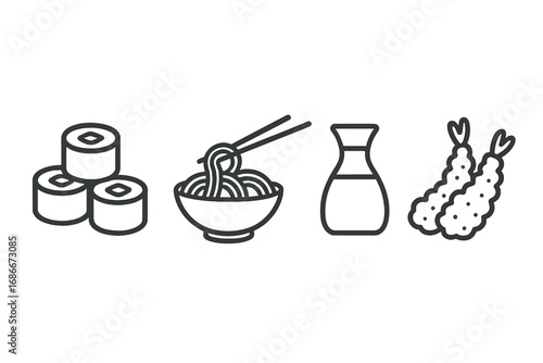 Asian food icon set. Japanese cuisine linear icons. Sushi rolls, maki, ramen noodles, soy sauce, and tempura shrimp. Vector illustration for restaurant menu. Simple outline.