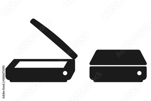 Minimalist vector silhouettes of open and closed scanners with sleek lid designs, modern office equipment icons, transparent background, simple cartoon illustration set for technology and office use