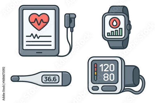 Health technology icon set. Medical monitoring devices for telemedicine. Digital health. Blood pressure, heart rate, EKG, temperature, glucose tracker. Vector cartoon illustration.