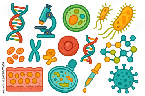 Science and biology icon set. Vector cartoon symbols of DNA, virus, bacteria, and cells for microbiology and genetics education. Laboratory research and medical concept icons.