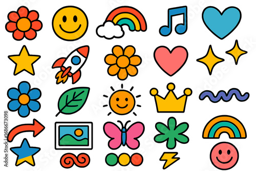 Retro 90s cartoon icon set. Groovy sticker pack with smiley face, rainbow, flower, and heart. Y2K doodle collection for creative projects. Vector graphic elements.