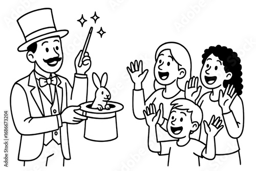 Magician performing a magic trick with a rabbit in a top hat for an enthusiastic family audience. Vector line art illustration of an entertainer at a fun show or party.