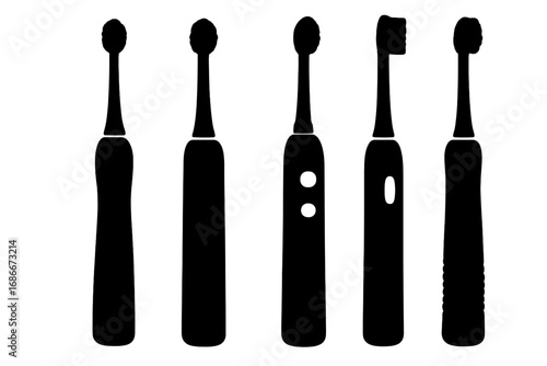 Silhouette of electric toothbrushes in multiple designs on white background, vector cartoon illustration, transparent background, ordered set of oral care tools, modern hygiene devices