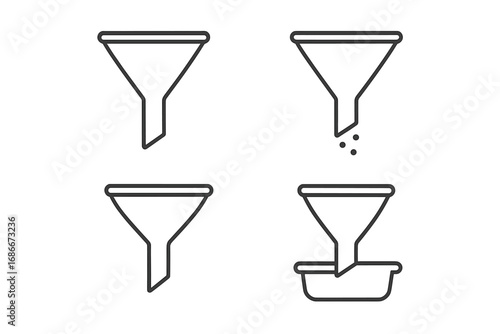 Filter and funnel line icon set. Vector symbols for data filtering, sales funnel, and conversion. UI UX web design elements. Process, flow, and sorting concept graphics.