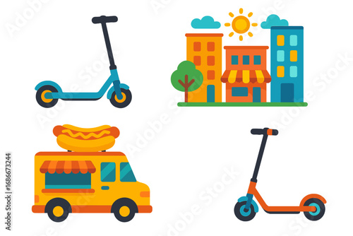 Colorful vector illustration set of urban elements. Electric kick scooter, city buildings, and hot dog food truck icons. Flat design concept for city life, transportation, and street food.