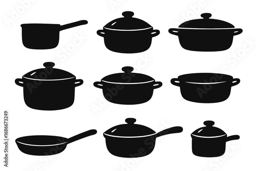 Silhouette kitchen cookware set with assorted pots and pans, various styles and designs, vector cartoon illustration, transparent background, ordered collection for cooking and kitchen tool concepts