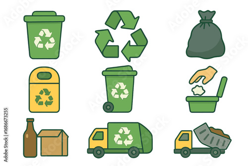 Recycling and waste management icon set. Garbage disposal, collection, sorting. Eco friendly vector cartoon illustration. Recycle bin, trash can, truck, rubbish bag.