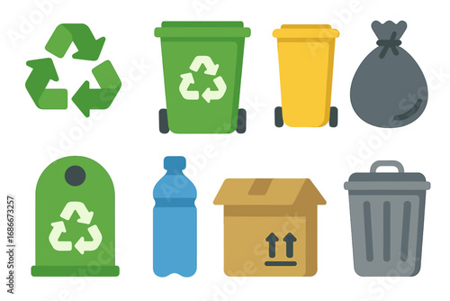 Waste management and recycling vector icon set. Flat design illustration. Trash can, garbage bin, rubbish bag, bottle, box. Ecology, environment, sustainability, separation.