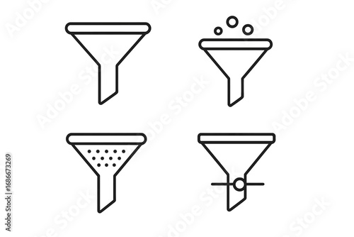 Filter and funnel line icon set for web and apps. Vector illustration for data sorting, conversion, sales funnel, marketing process, lead generation, and user interface design.