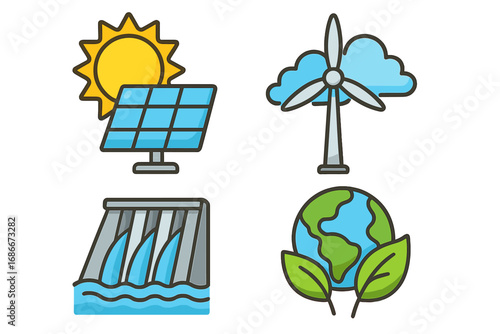 Set of renewable energy icons. Solar panel, wind turbine, hydroelectric dam and green earth planet symbol. Vector cartoon illustration for ecology and sustainability concepts.