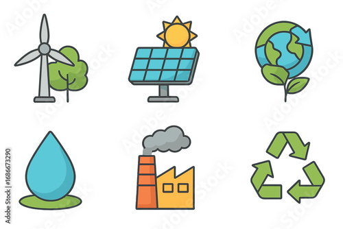 Renewable energy icon set. Green power, ecology, and environmental conservation symbols. Vector illustration of solar panel, wind turbine, recycle sign, and factory pollution.