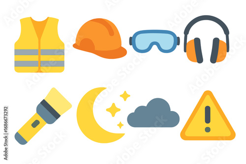 Safety gear icon set for construction and industrial work. Personal protective equipment PPE vector illustration. Hard hat, vest, goggles. Night shift, warning sign, flashlight icons.