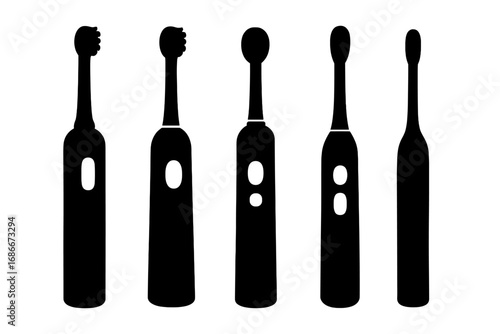 Silhouette of electric toothbrushes in various modern designs on white background, vector cartoon illustration, ordered set, dental hygiene tools, oral care equipment