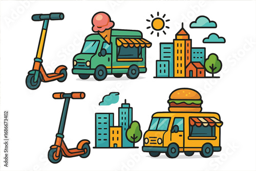 Vector set of city life icons. Food truck, electric scooter, urban transport. Street food festival concept with burger and ice cream. Modern flat cartoon style illustration.