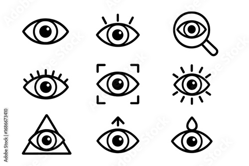 Big eye icon set. Vision, see, look, watch, observation concept. All-seeing eye, illuminati, focus, search, security, view. Vector line pictogram collection for business.