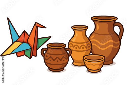 Origami paper crane and pottery collection vector illustration. Japanese handicraft art. Handmade hobby concept. Ceramic clay pots, vases, and bowl set. Cartoon style icon.