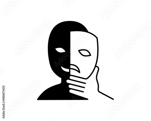 Conceptual icon illustrating duality of emotions, with a person hiding true feelings behind a sad theatrical mask