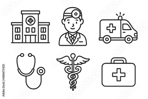Medical and healthcare icon set in thin line style. Vector collection of hospital, doctor, ambulance, caduceus, stethoscope, first aid kit symbols. Medicine and emergency signs.