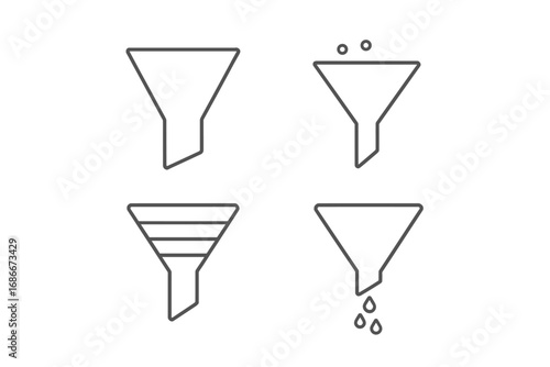 Set of filter and funnel line icons. Vector illustration for data sorting, web design, UI kit. Concept of sales funnel, data conversion, purification and filtration process.