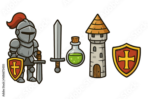 Medieval fantasy icon set. Knight character in armor with sword and shield. Castle tower, magic potion, and crusader shield elements. Vector cartoon for game assets or history.