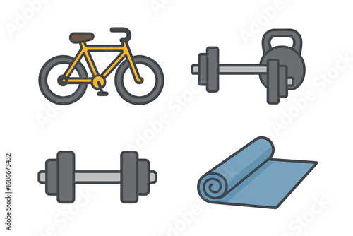 Vector flat fitness icon set. Bicycle, dumbbell, barbell, kettlebell, yoga mat for gym workout. Healthy sport lifestyle concept. Bodybuilding cardio training cartoon equipment.