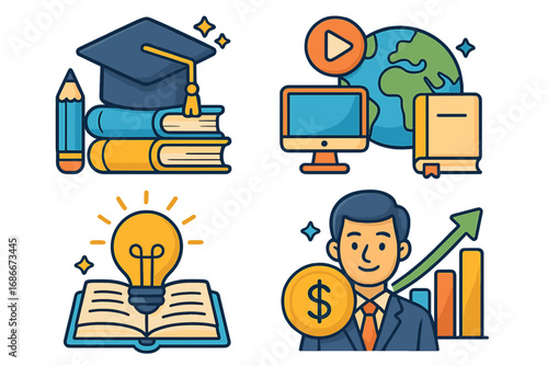 Education and business growth icon set. Vector concepts of graduation, global online learning, knowledge, creative ideas, and financial success. Investment in education for career profit.