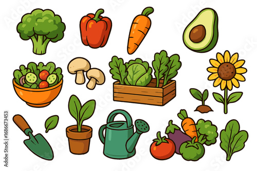 Gardening and healthy food icon set. Vector cartoon illustration of fresh organic vegetables. Plant-based diet concept. Vegan food elements like salad, avocado, and carrot.