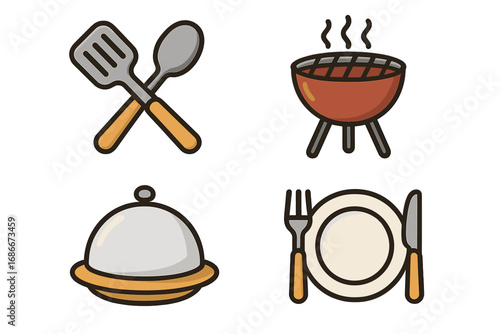 Cooking icon set vector illustration. Kitchen utensil, barbecue grill, food service cloche, dinner plate for restaurant graphics, mobile app, web design, food concept.