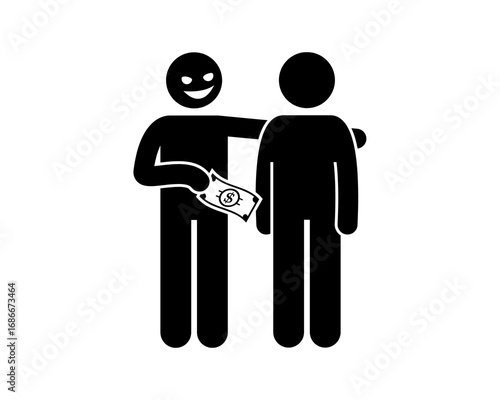 A symbolic pictogram of a shady figure offering a cash bribe, representing corruption, temptation, and illegal financial deals