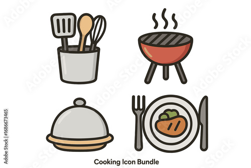 Cooking icon bundle for kitchen and food concepts. Vector illustration set with utensil, barbecue grill, serving dish, and dinner plate. Perfect for app and web graphics.