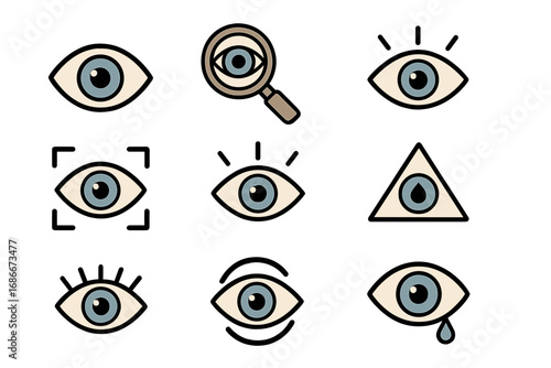 Eye icon collection. Vision, watch, see concepts. Security biometrics scan, magnifying glass search, crying sad tear, all seeing eye illuminati symbol. Vector illustration set.