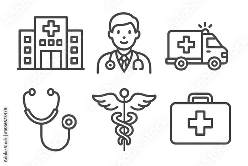 Medical icon set. Healthcare line art collection. Hospital, doctor, ambulance, stethoscope, caduceus, first aid kit. Vector symbols for emergency, clinic, web, and mobile app.